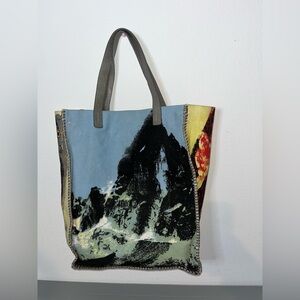 Anthropologie Jasper & Jeera Printed Canvas Leather Tote Bag Indie Graphic Boho